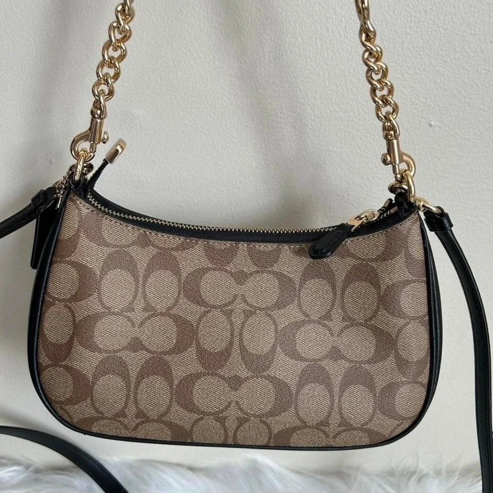 Coach Teri Hobo Khaki‎ Signature Canvas Leather Shoulder Bag Excellent